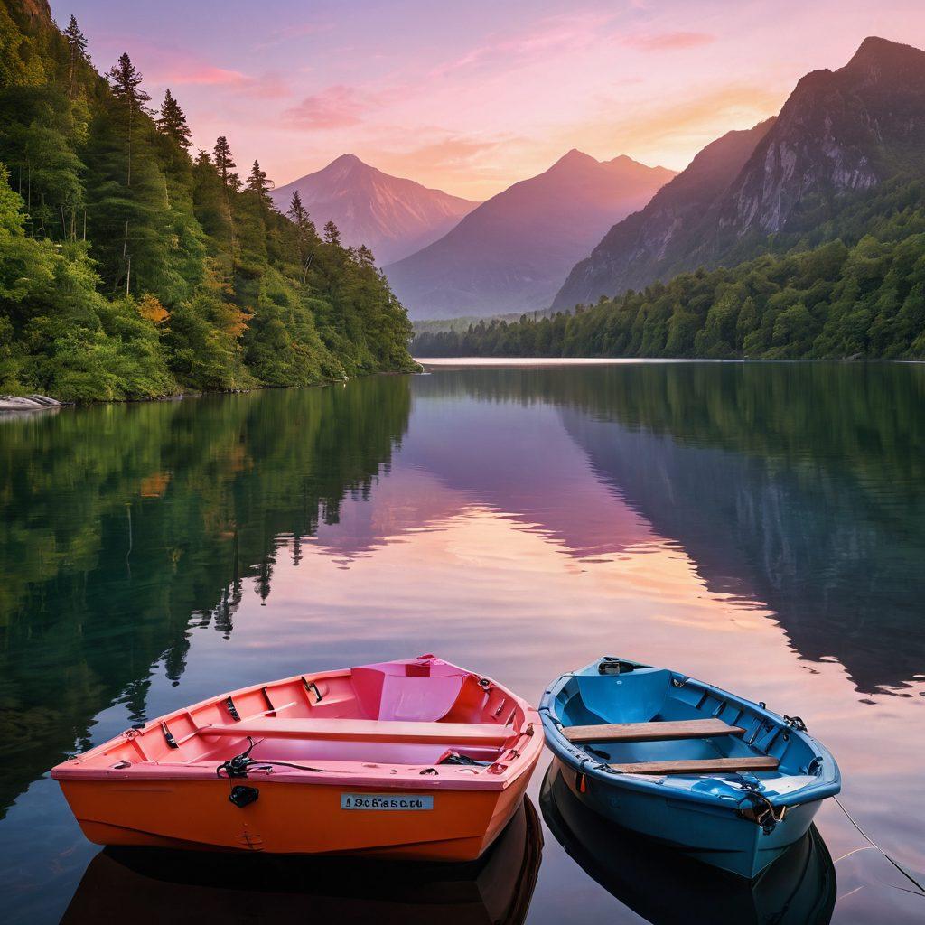 An expressive scene of a serene lake with a boat anchored peacefully, surrounded by lush greenery and mountains in the background. Include safety equipment like life jackets and an insurance policy document placed on the deck of the boat. The sun setting in vibrant hues of orange and pink reflects on the water, symbolizing safety and tranquility. super-realistic. vibrant colors.