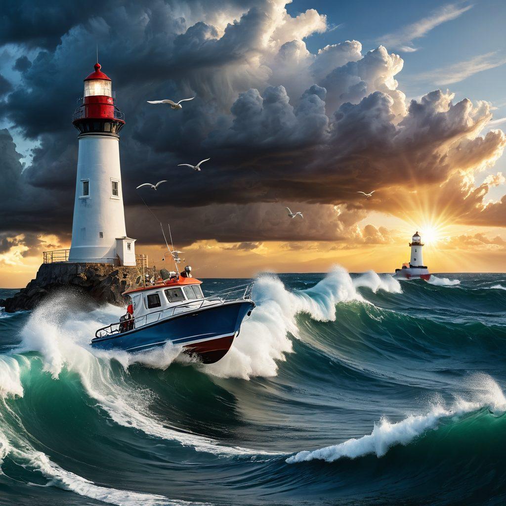 A dynamic marine scene showcasing various boats navigating through turbulent waters, symbolizing risk management. Include a confident navigator reviewing insurance quotes on a digital tablet amidst the chaos, with a lighthouse in the background guiding the way. Vibrant stormy clouds overhead create a sense of urgency, while rays of sunlight break through, representing hope and protection. Illustrate financial charts subtly integrated into the waves to emphasize the insurance aspect. super-realistic. vibrant colors.