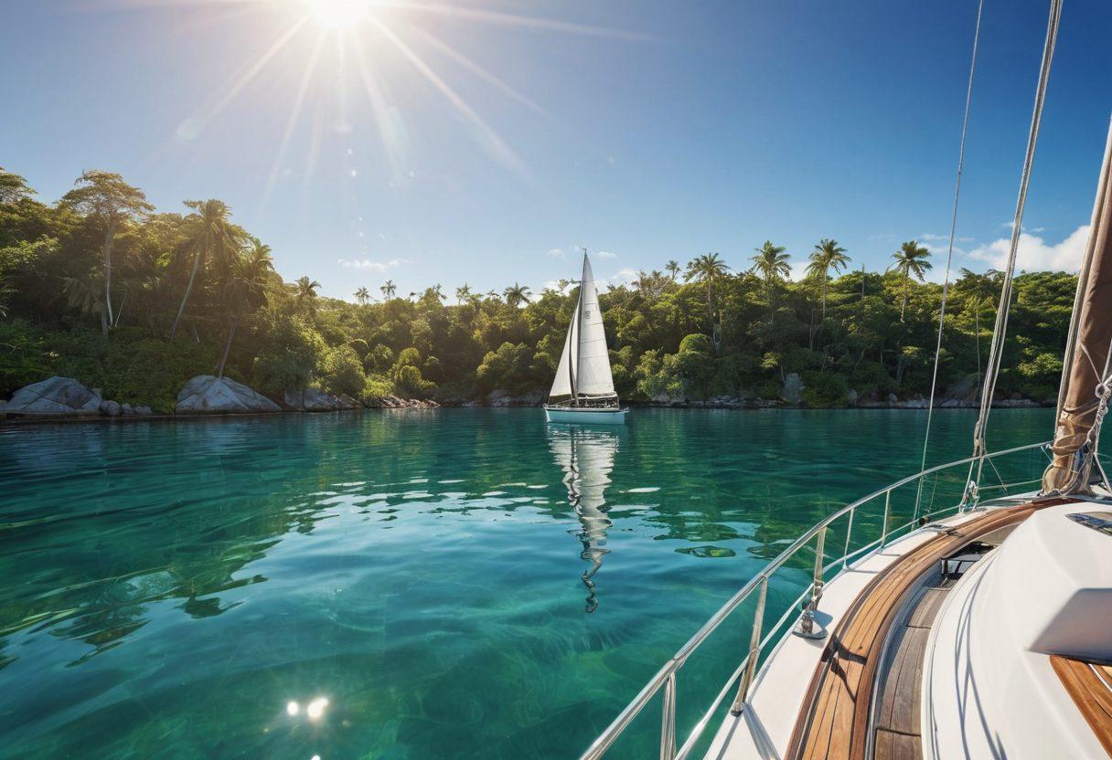 A serene scene of a sailboat gliding through clear blue waters, surrounded by lush green landscapes and a bright sky. Include elements like a nautical chart, compass, and insurance policy documents artistically scattered on the boat deck. The sunlight glistens on the water surface, symbolizing a sense of clarity and safety in insurance. super-realistic. vibrant colors. white background.